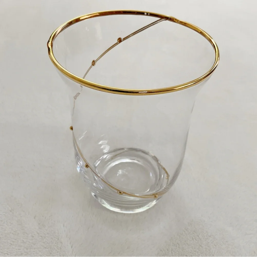 Vintage Pier 1 Clear Blown Glass Vase Gold Rim Spiral Swirl Accent 6”